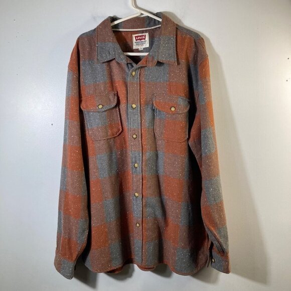 Mens Levis Wool Blend Plaid Buffalo Check Heavy Shirt Shacket Orange Gray 2XL - Picture 1 of 9